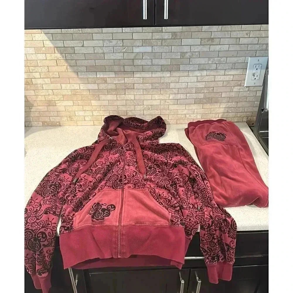 Disney Parks Hidden Mickey Maroon Velour 2 Piece Track Suit BP